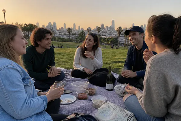 friends round a picnic blanket in a park at golden hour