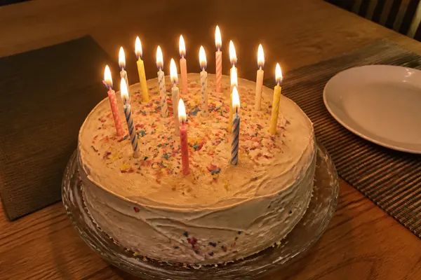 a sprinkle-covered cake with every candle lit