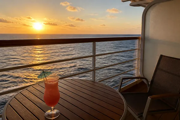 a cocktail on a ship's balcony table as the sun goes down over the water