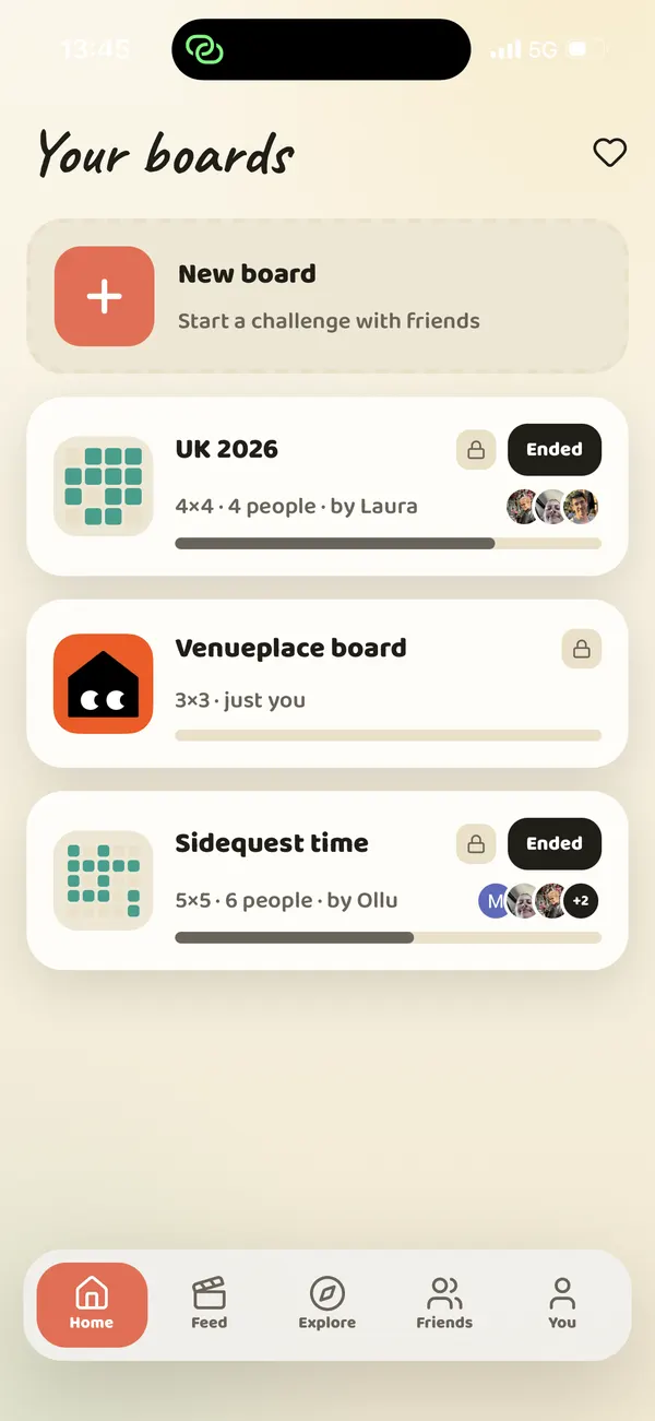 The SideQuest home screen on a phone: a list of boards you're playing